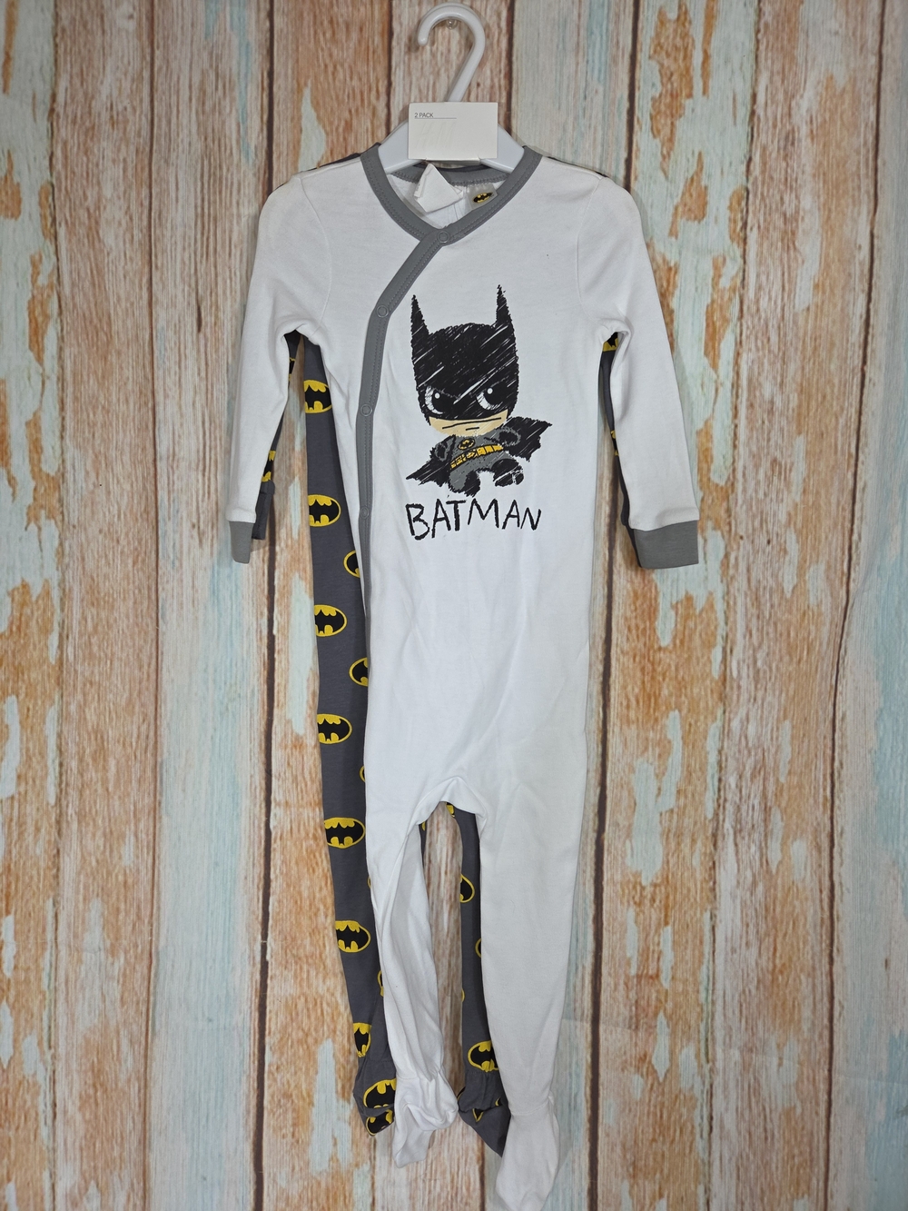 H&M 2 Pack Batman White & Gray Toddler One-Piece Romper. 9-12m